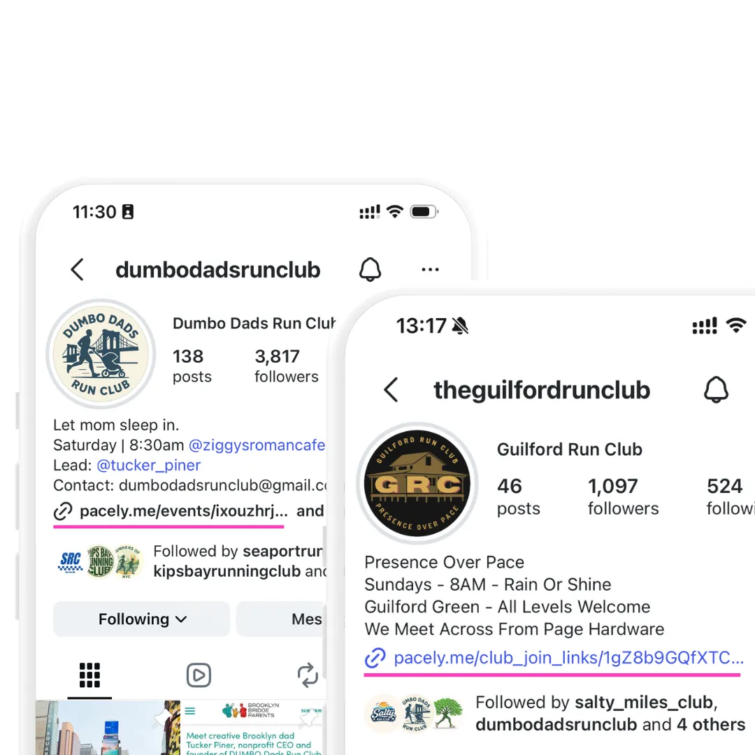 Dumbo Dads Run Club's Instagram profile with a Pacely event link beside The Guilford Run Club's profile with a Pacely join link.